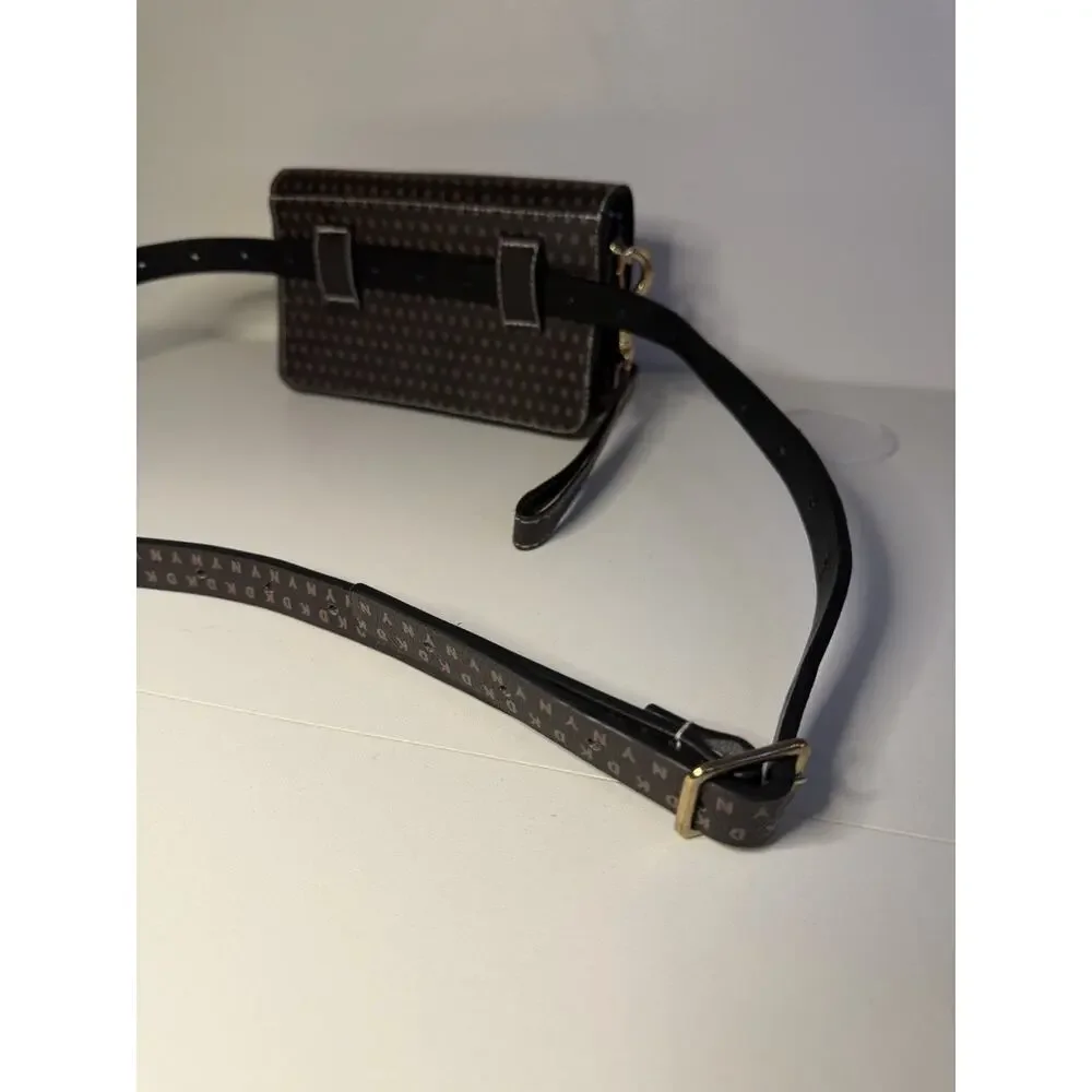 DKNY Convertible Belt Bag Wristlet Pouch Brown Monogram Logo Fanny Pack Clutch